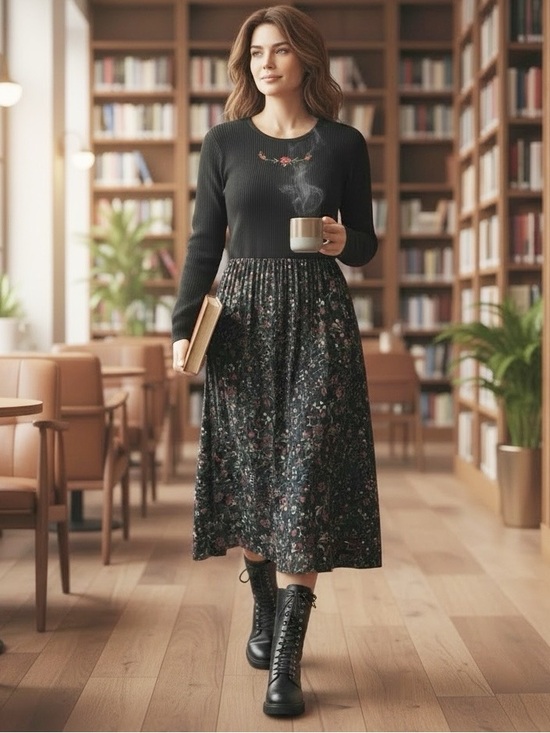 Vintage Dresses & Skirts - Vintage Black Floral Maxi Dress with Embroidered Thermal Long Sleeve Bodice 10
